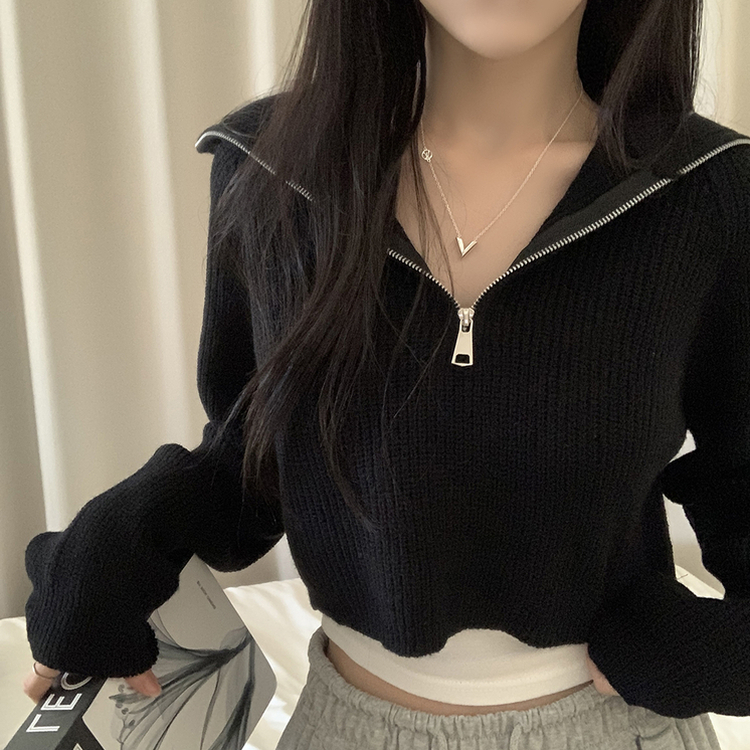 クロップハーフジップアップニット BLACK