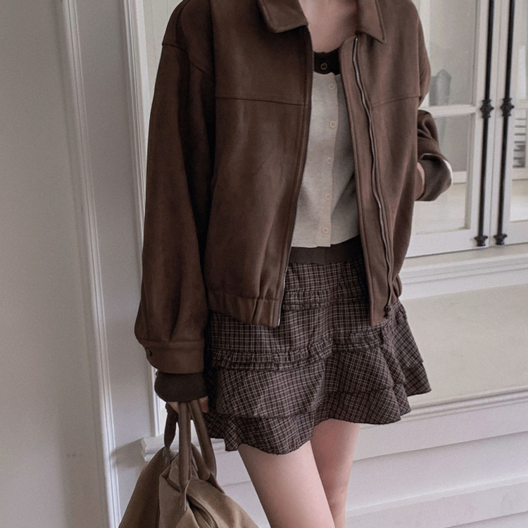 하나쯤은 있어야할 필수템오브제 스웨이드 카라 밴딩 크롭 자켓 점퍼 브라운