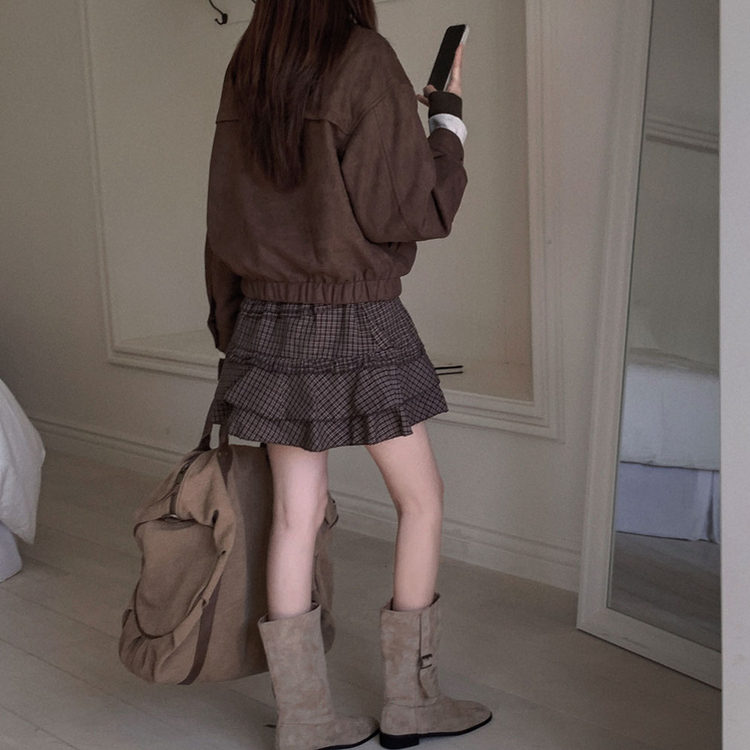 하나쯤은 있어야할 필수템오브제 스웨이드 카라 밴딩 크롭 자켓 점퍼 브라운