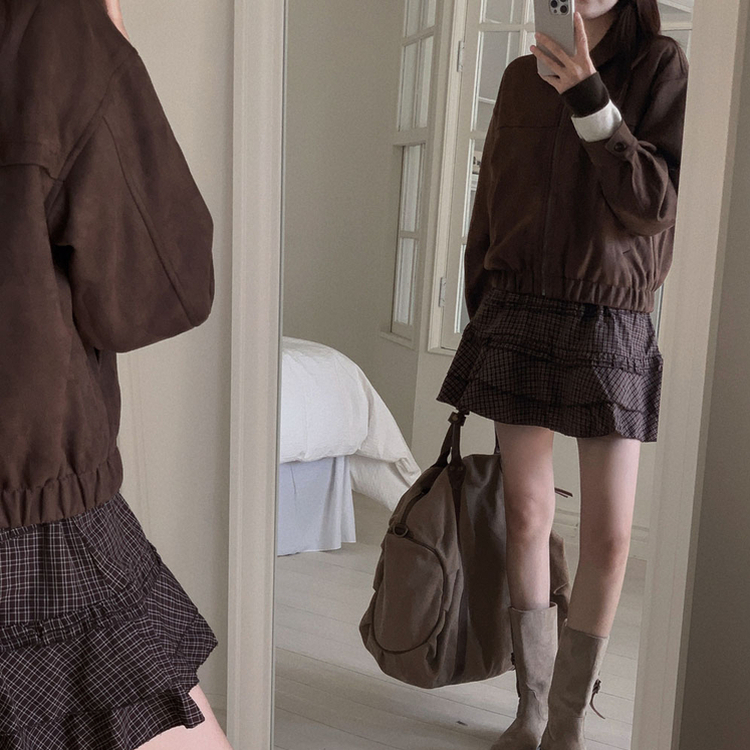 하나쯤은 있어야할 필수템오브제 스웨이드 카라 밴딩 크롭 자켓 점퍼 브라운