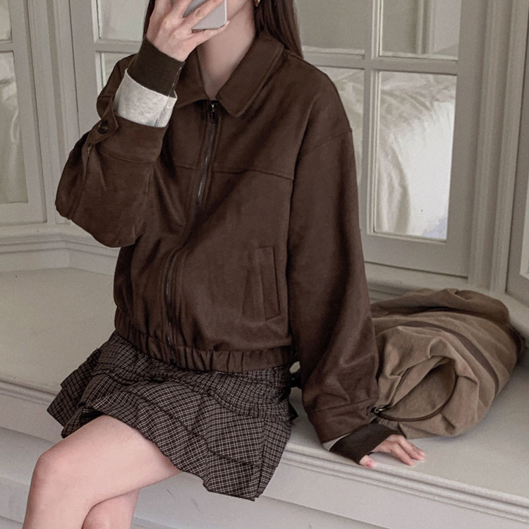 하나쯤은 있어야할 필수템오브제 스웨이드 카라 밴딩 크롭 자켓 점퍼 브라운