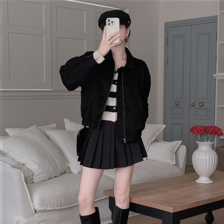 하나쯤은 있어야할 필수템오브제 스웨이드 카라 밴딩 크롭 자켓 점퍼 블랙