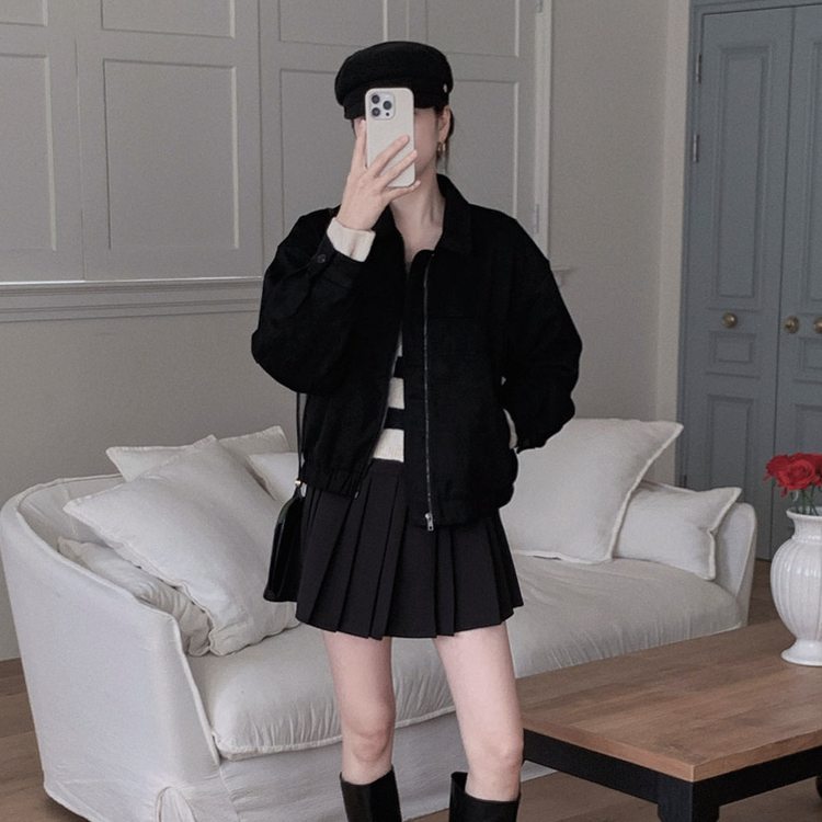 하나쯤은 있어야할 필수템오브제 스웨이드 카라 밴딩 크롭 자켓 점퍼 블랙