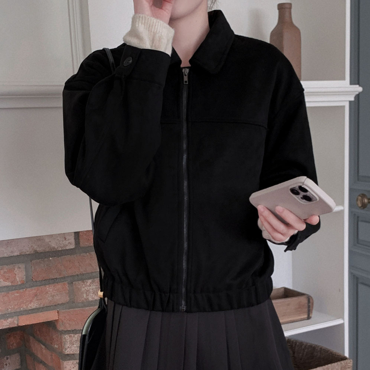 하나쯤은 있어야할 필수템오브제 스웨이드 카라 밴딩 크롭 자켓 점퍼 블랙