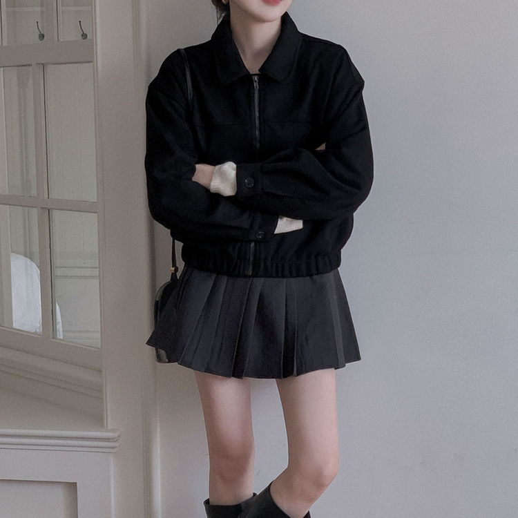 하나쯤은 있어야할 필수템오브제 스웨이드 카라 밴딩 크롭 자켓 점퍼 블랙