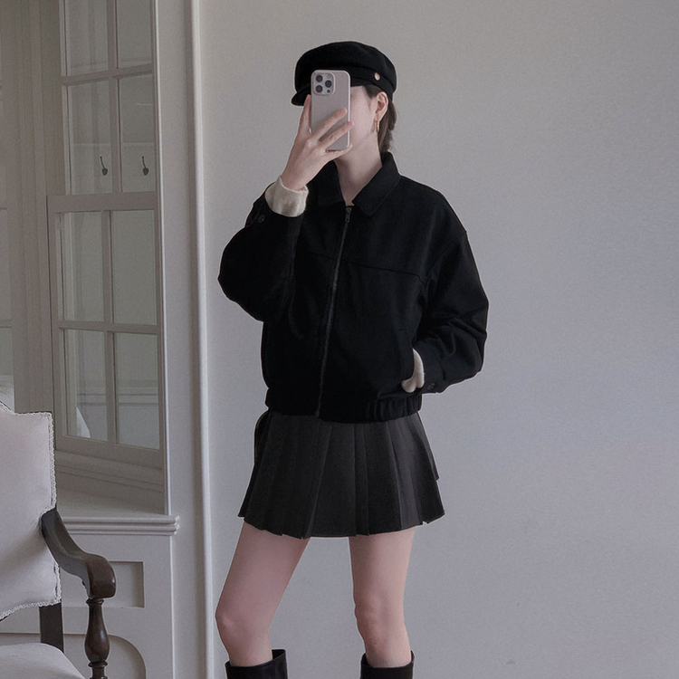 하나쯤은 있어야할 필수템오브제 스웨이드 카라 밴딩 크롭 자켓 점퍼 블랙