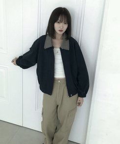 チェックバイカラーブルゾンジャケット NAVY