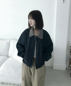 チェックバイカラーブルゾンジャケット NAVY