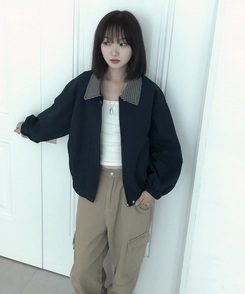 チェックバイカラーブルゾンジャケット NAVY