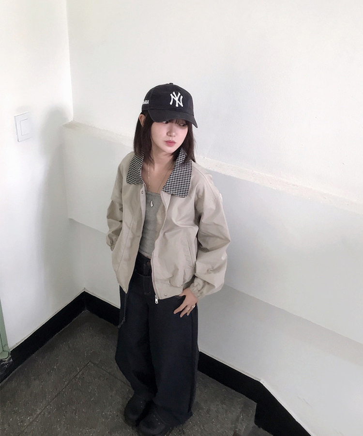 チェックバイカラーブルゾンジャケット BEIGE