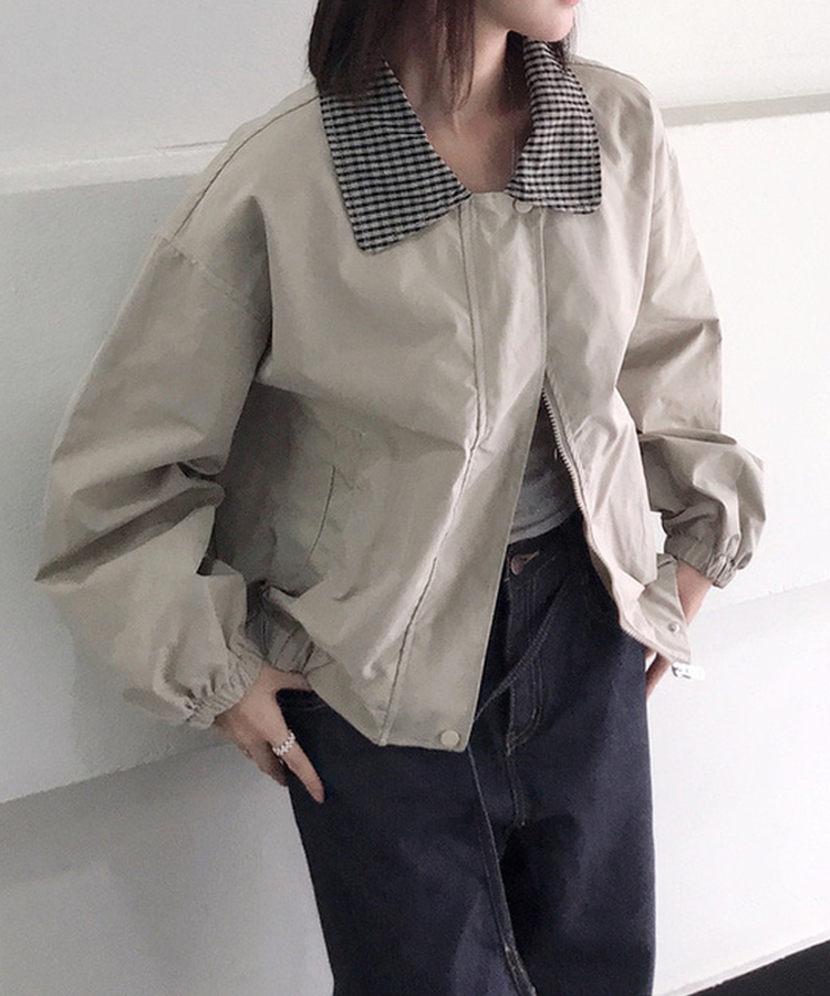 チェックバイカラーブルゾンジャケット BEIGE