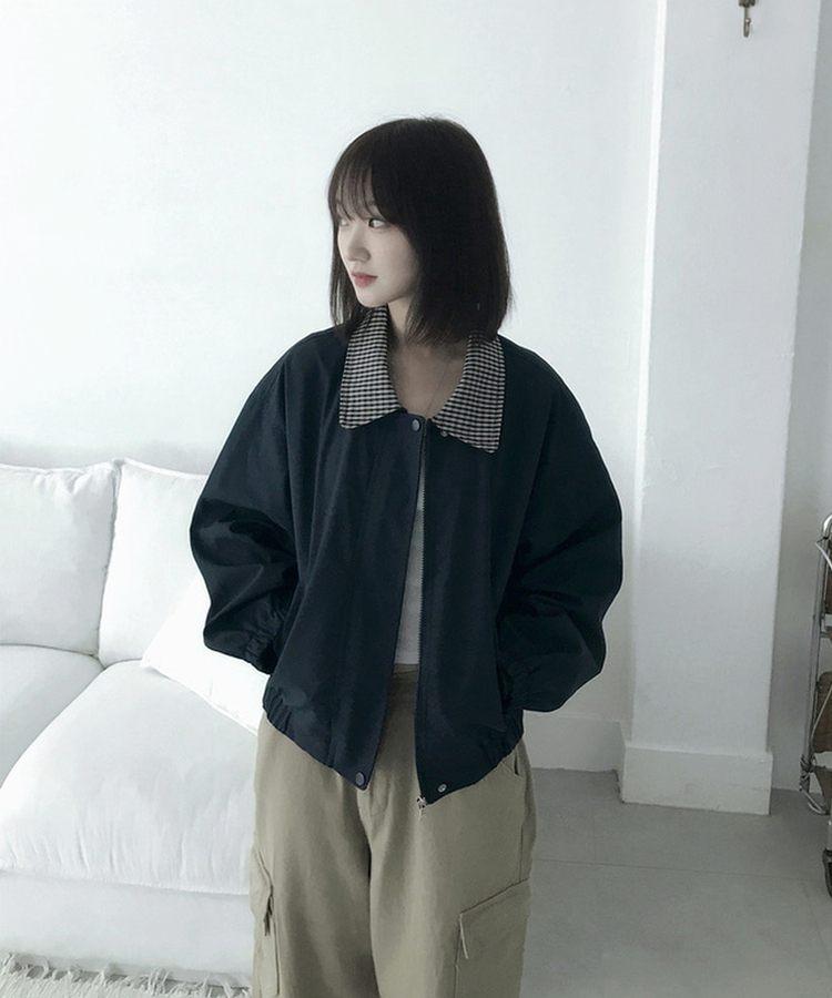 チェックバイカラーブルゾンジャケット NAVY