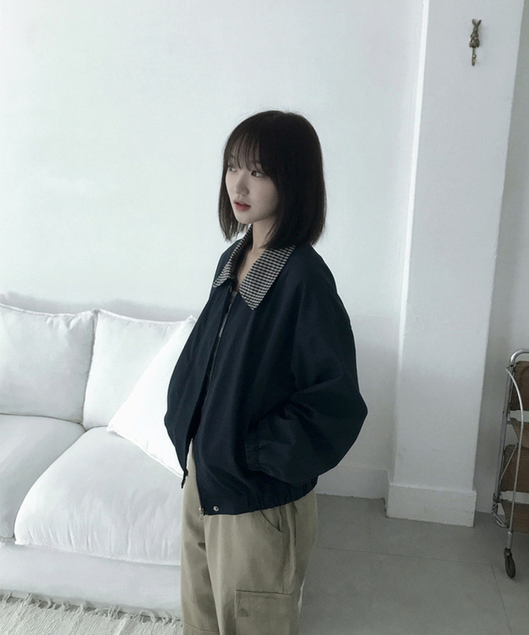 チェックバイカラーブルゾンジャケット NAVY