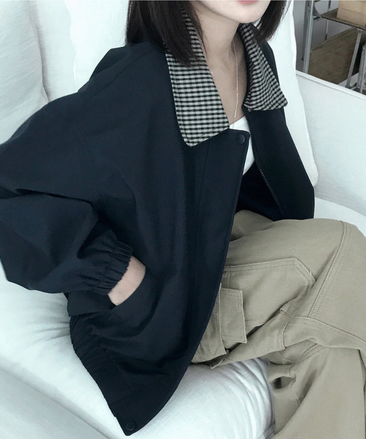 チェックバイカラーブルゾンジャケット NAVY