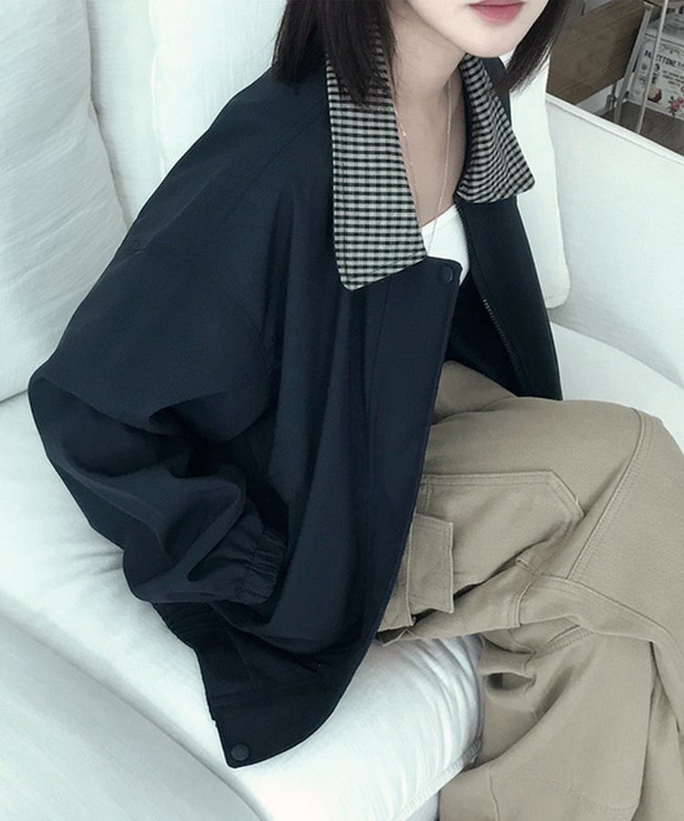 チェックバイカラーブルゾンジャケット NAVY