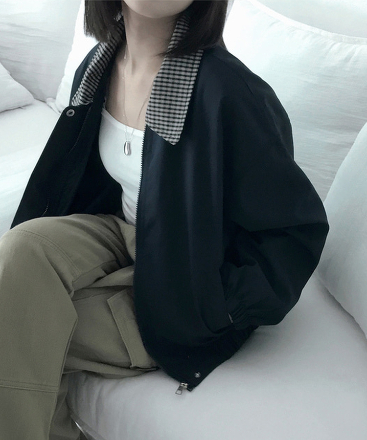 チェックバイカラーブルゾンジャケット NAVY