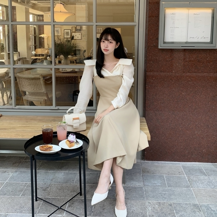 フェミニンカラーロングワンピース｜ロングワンピース｜韓国