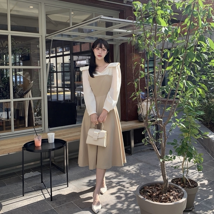 フェミニンカラーロングワンピース｜ロングワンピース｜韓国