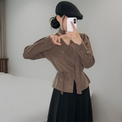 【タイ付き】ストラップVネック長袖ブラウス BROWN