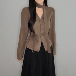 【タイ付き】ストラップVネック長袖ブラウス BROWN