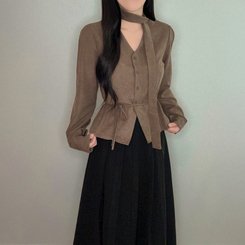 【タイ付き】ストラップVネック長袖ブラウス BROWN