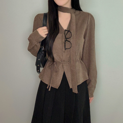 【タイ付き】ストラップVネック長袖ブラウス BROWN