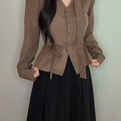 【タイ付き】ストラップVネック長袖ブラウス BROWN