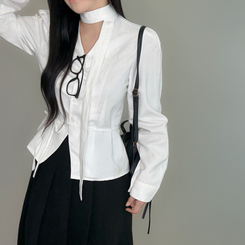 【タイ付き】ストラップVネック長袖ブラウス WHITE