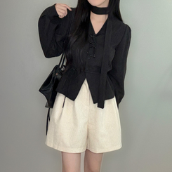 【タイ付き】ストラップVネック長袖ブラウス BLACK