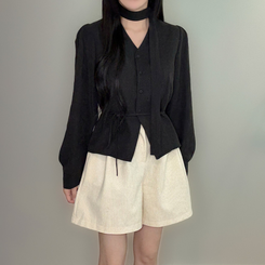 【タイ付き】ストラップVネック長袖ブラウス BLACK