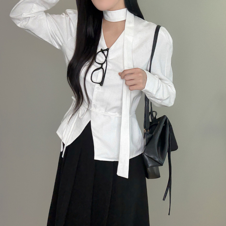 【タイ付き】ストラップVネック長袖ブラウス WHITE