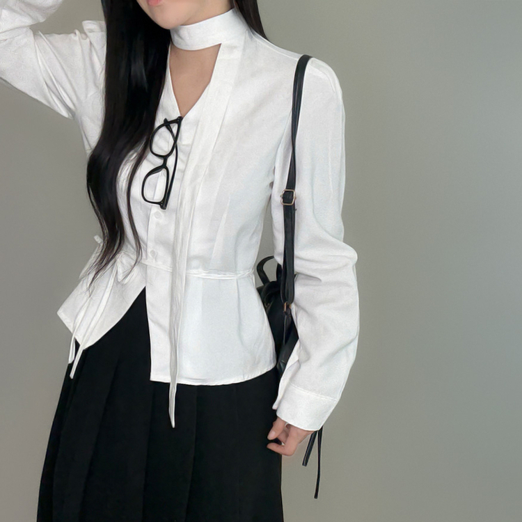 【タイ付き】ストラップVネック長袖ブラウス WHITE