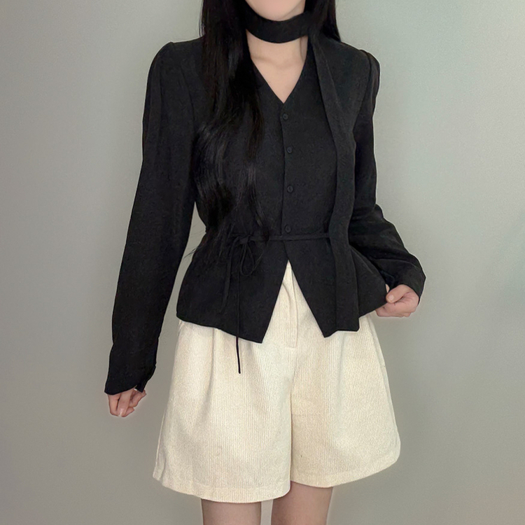 【タイ付き】ストラップVネック長袖ブラウス BLACK