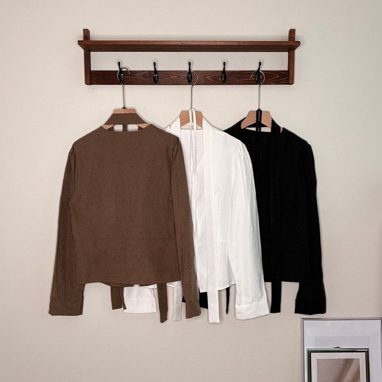 【タイ付き】ストラップVネック長袖ブラウス