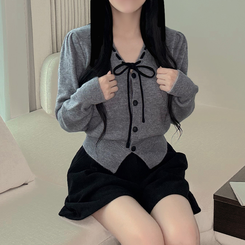 リボンボタンVネックニットカーディガン GREY