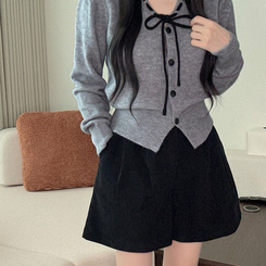 リボンボタンVネックニットカーディガン GREY