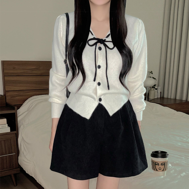 リボンボタンVネックニットカーディガン WHITE