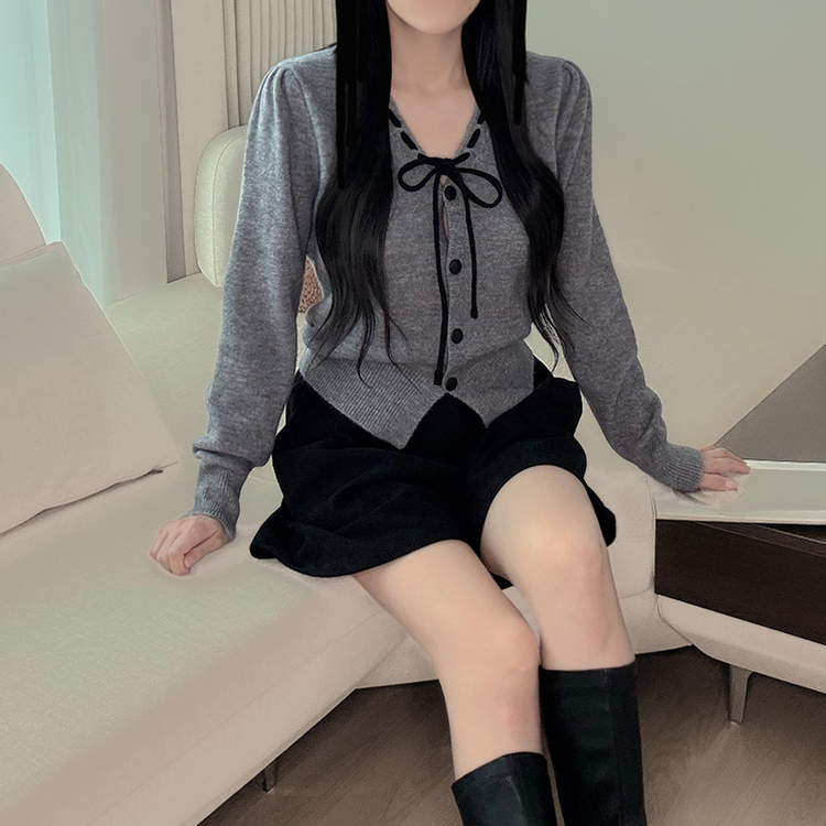 リボンボタンVネックニットカーディガン GREY