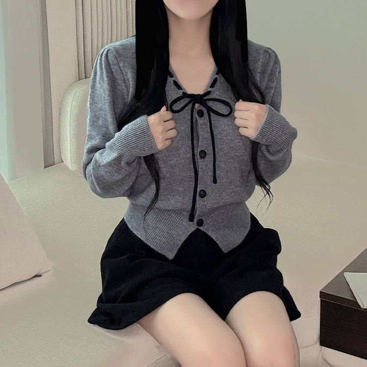リボンボタンVネックニットカーディガン GREY