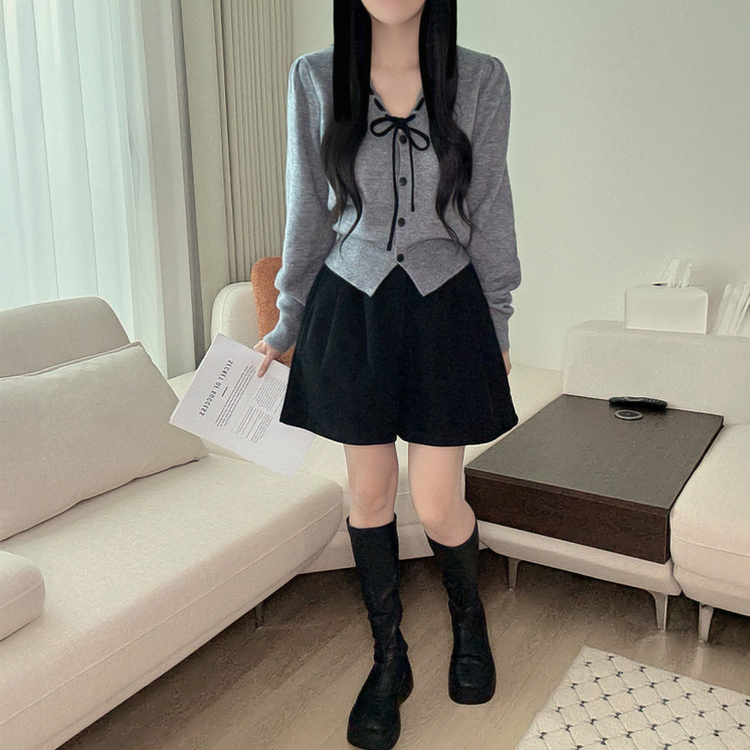 リボンボタンVネックニットカーディガン GREY