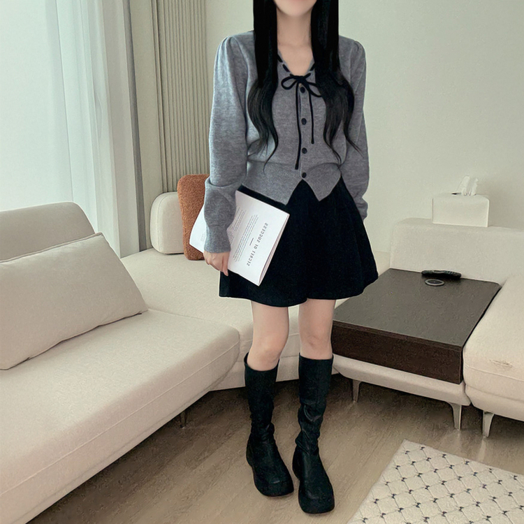 リボンボタンVネックニットカーディガン GREY