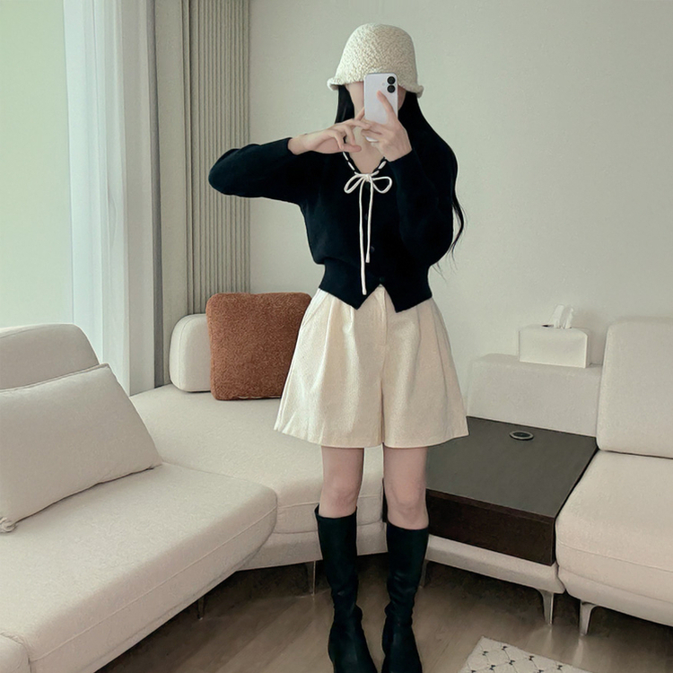 リボンボタンVネックニットカーディガン BLACK