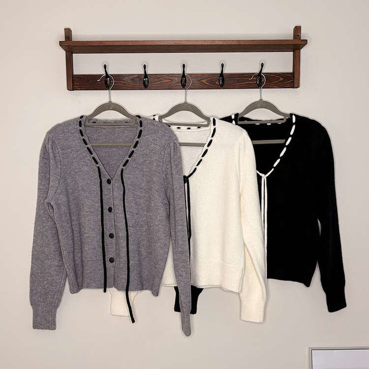 リボンボタンVネックニットカーディガン