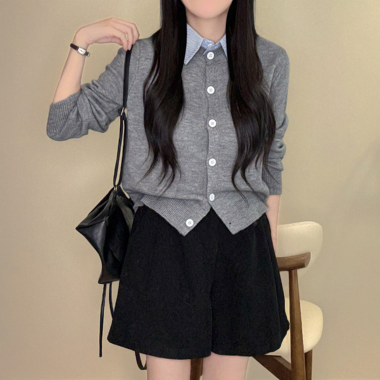 カラーレイヤード風ニットカーディガン GREY