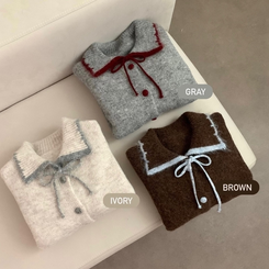 카라 배색 리본 앙고라 모헤어 긴팔 니트 가디건