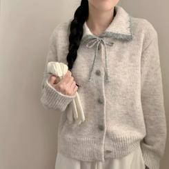 카라 배색 리본 앙고라 모헤어 긴팔 니트 가디건 아이보리