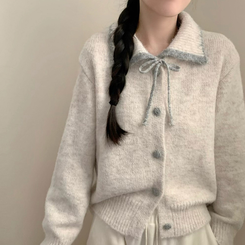 카라 배색 리본 앙고라 모헤어 긴팔 니트 가디건 아이보리