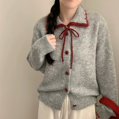 카라 배색 리본 앙고라 모헤어 긴팔 니트 가디건 그레이