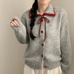 카라 배색 리본 앙고라 모헤어 긴팔 니트 가디건 그레이