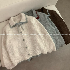 카라 배색 리본 앙고라 모헤어 긴팔 니트 가디건